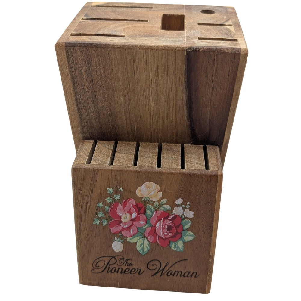 The Pioneer Woman Acacia Wood Knife Block Floral Print Brown 5.5x4.5x8.5 Kitchen